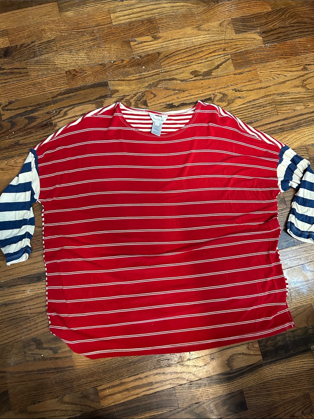 Multiples Red Striped Top with Navy & White Sleeve Stripes